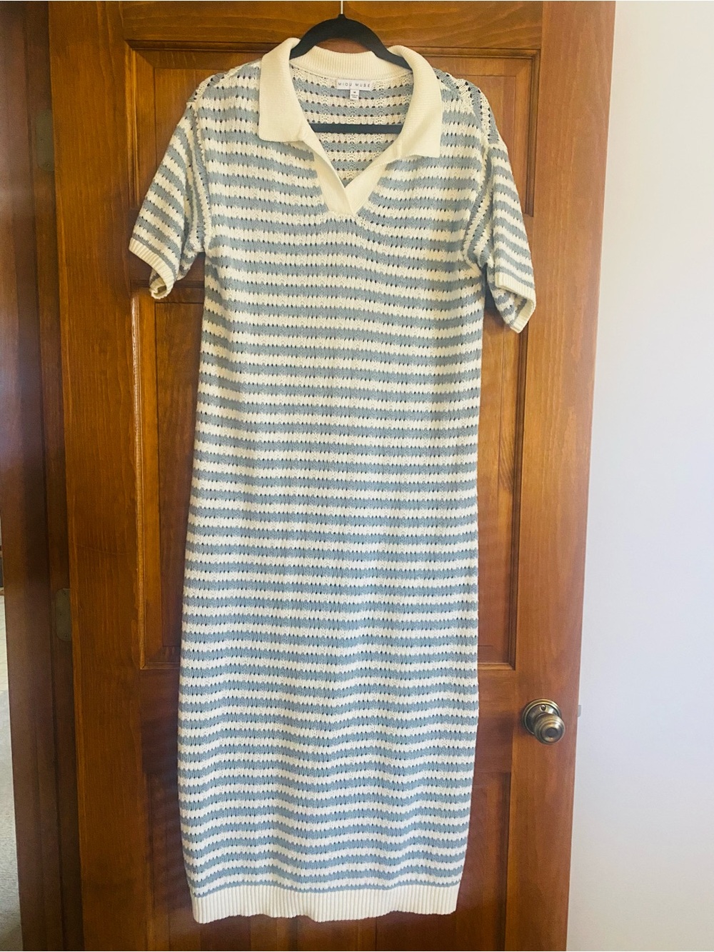 Striped Knit Polo Midi Dress in Cream and Light Blue